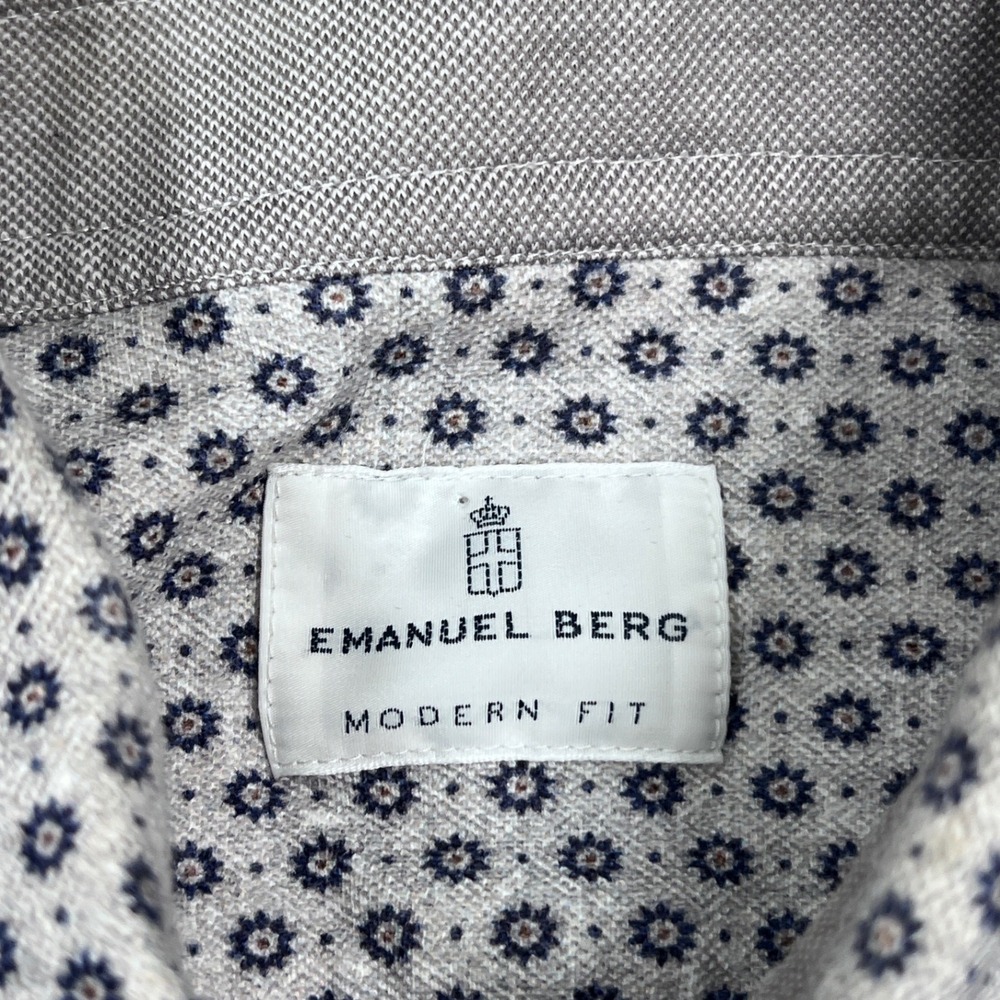 Emanuel Berg Button Up Shirt Mens 16 M/L Gray Blue Floral Geometric Modern Fit - Picture 5 of 6